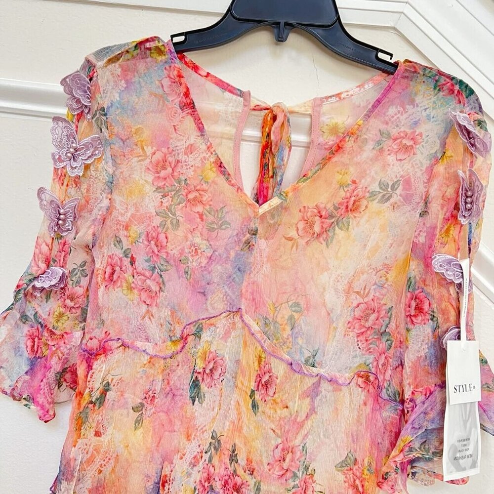 NWT Silk Floral-Print Midi Dress 3D Butterfly - Picture 4 of 10